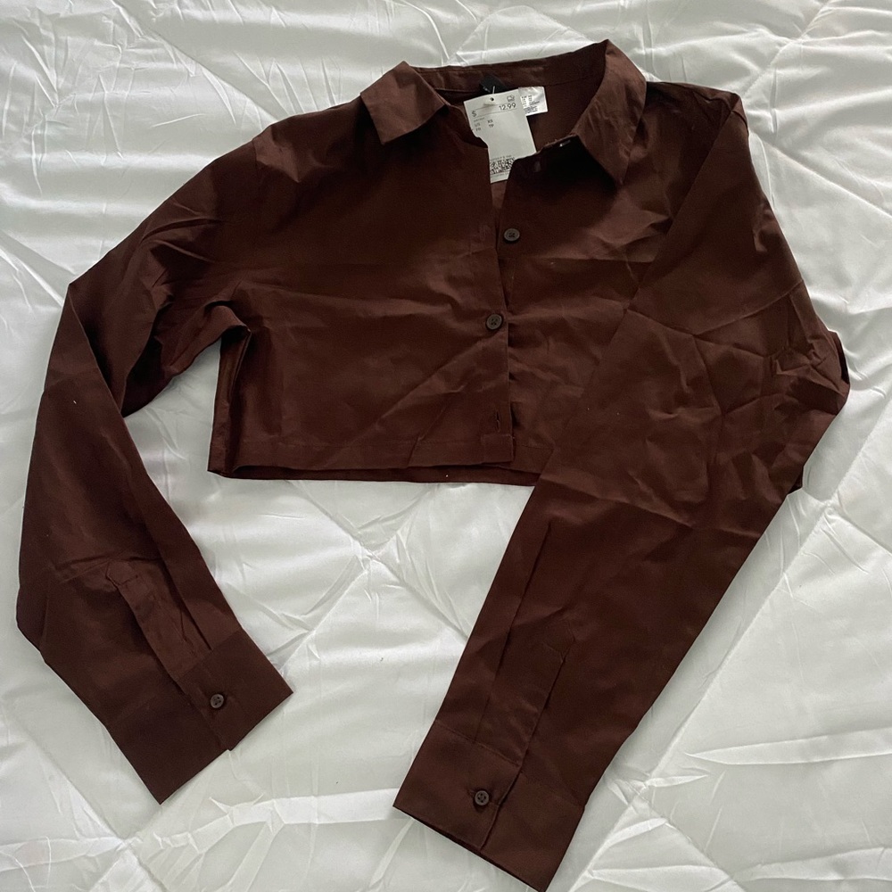 Brown Button-Up Cropped Blouse